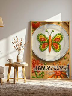 I will never not ever eat a tomato watercolour print in frame leaning in hallway – childrens wall art