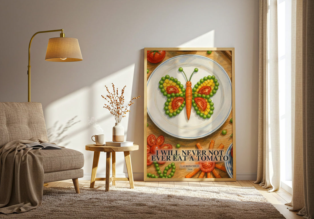 I will never not ever eat a tomato watercolour print in frame leaning in hallway – childrens wall art