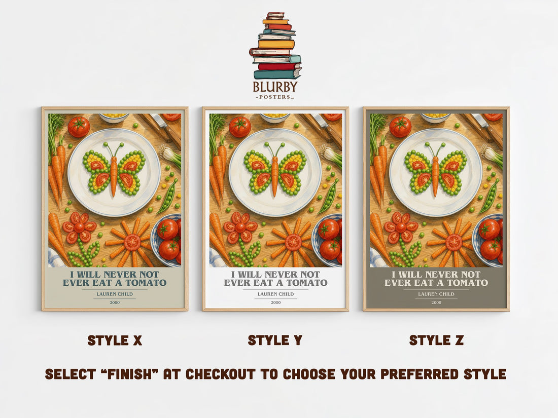 I will never not ever eat a tomato book cover print in frame leaning in hallway – childrens wall art (mockup)