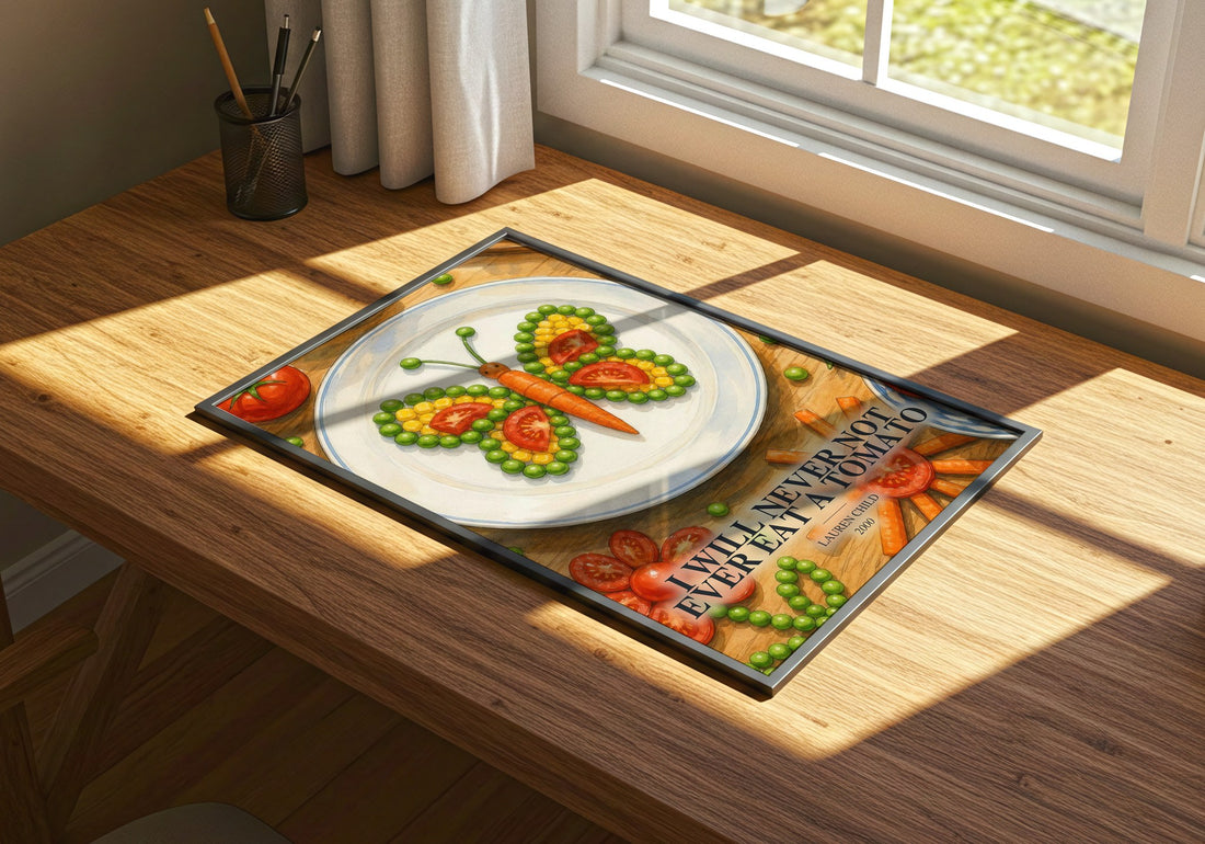 I will never not ever eat a tomato watercolour book poster framed on wall – childrens wall art