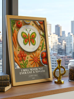 I will never not ever eat a tomato book cover print framed by window – literary home decor