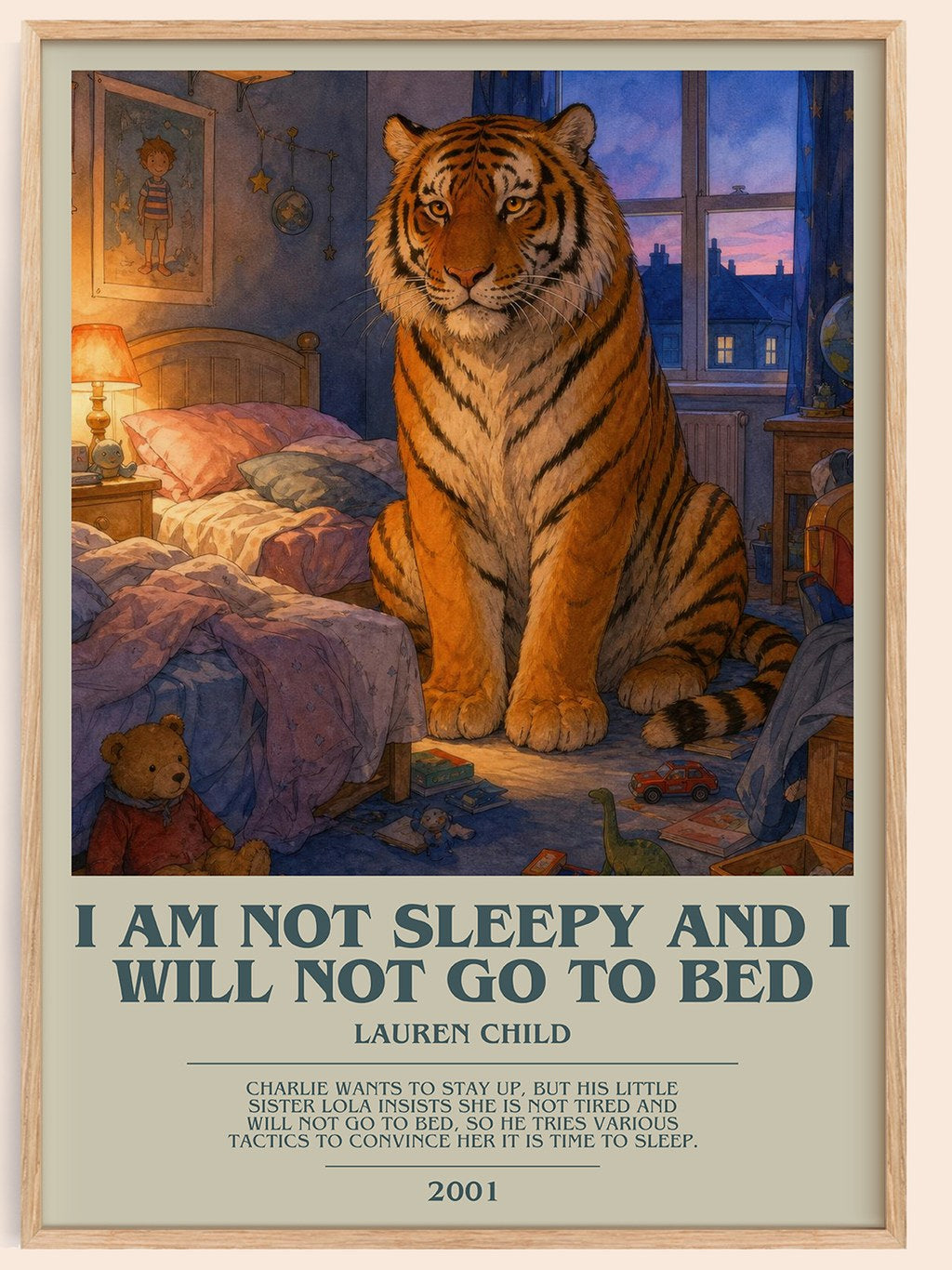 I Am Not Sleepy and I Will Not Go to Bed bookish book poster by Lauren Child – framed literary art print
