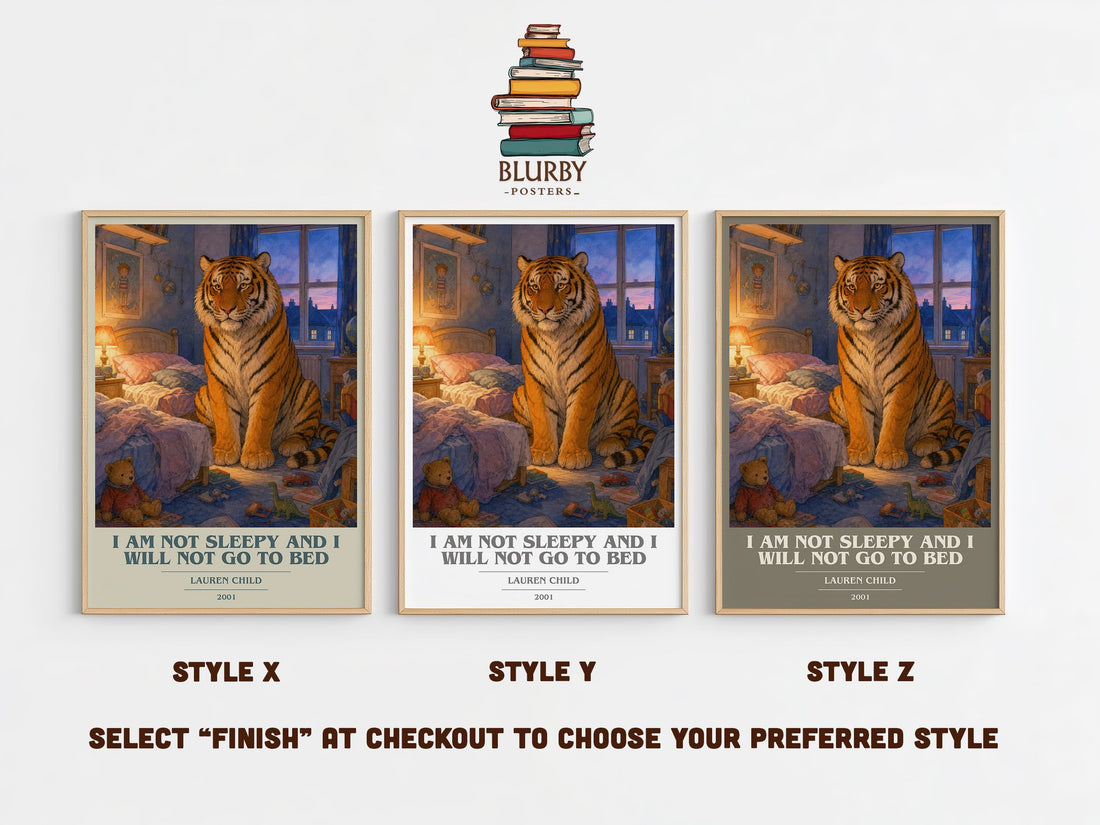 I Am Not Sleepy and I Will Not Go to Bed book cover print in frame leaning in hallway – childrens wall art (mockup)