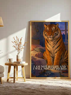 I Am Not Sleepy and I Will Not Go to Bed watercolour print in frame leaning in hallway – childrens wall art