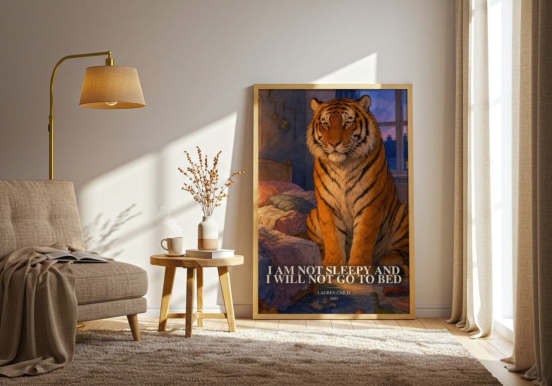 I Am Not Sleepy and I Will Not Go to Bed watercolour print in frame leaning in hallway – childrens wall art