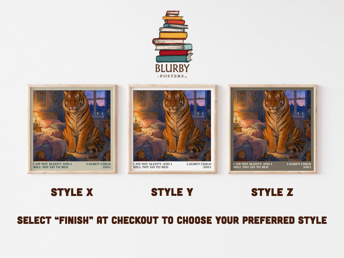 I Am Not Sleepy and I Will Not Go to Bed literary print in frame leaning in hallway – childrens wall art (mockup)
