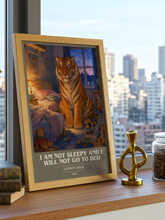 I Am Not Sleepy and I Will Not Go to Bed book cover print framed by window – literary home decor