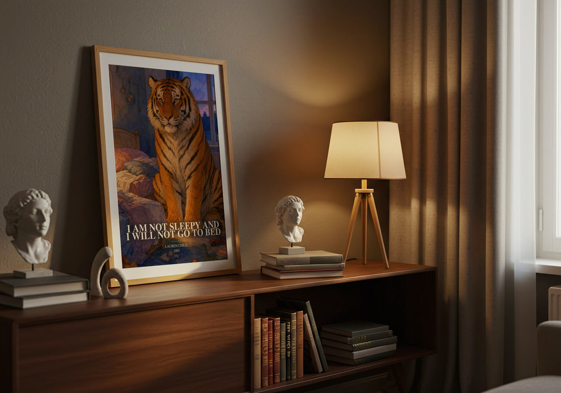 I Am Not Sleepy and I Will Not Go to Bed watercolour print on bookshelf – Lauren Child fan gift