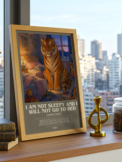 I Am Not Sleepy and I Will Not Go to Bed bookish print framed by window – literary home decor