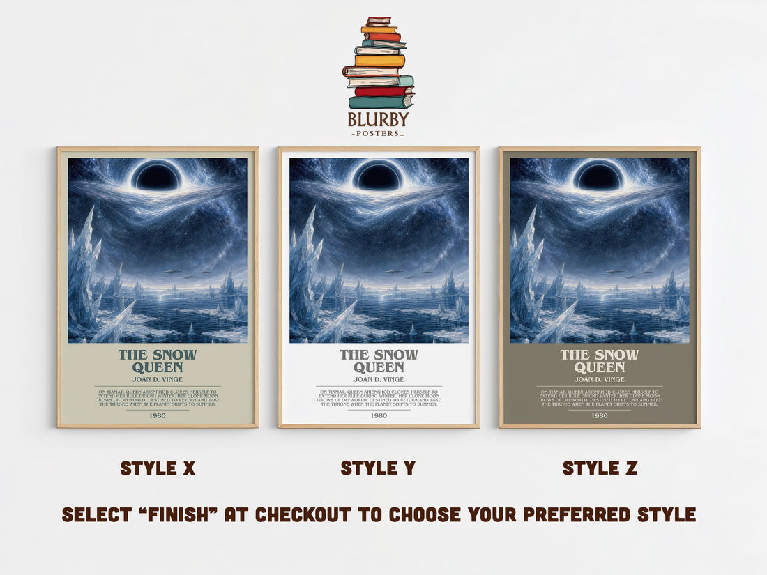 The Snow Queen bookish print in frame leaning in hallway – sci fi wall art (mockup)