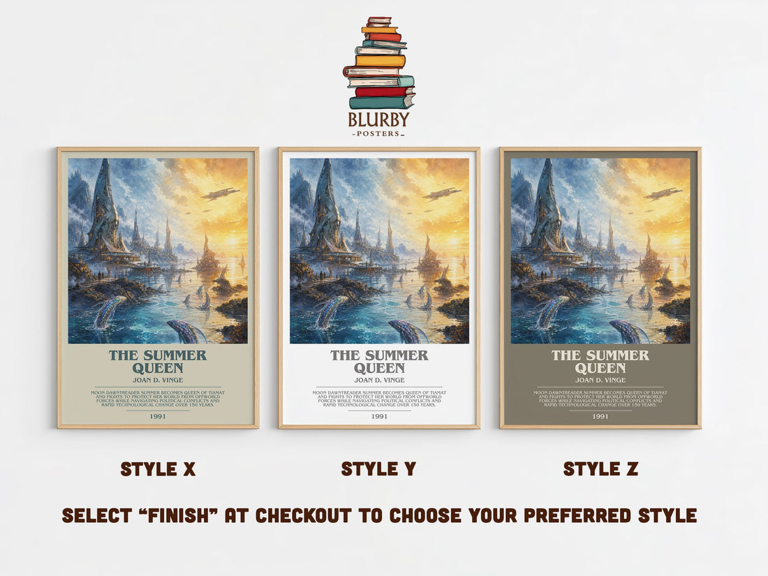 The Summer Queen bookish print in frame leaning in hallway – sci fi wall art (mockup)