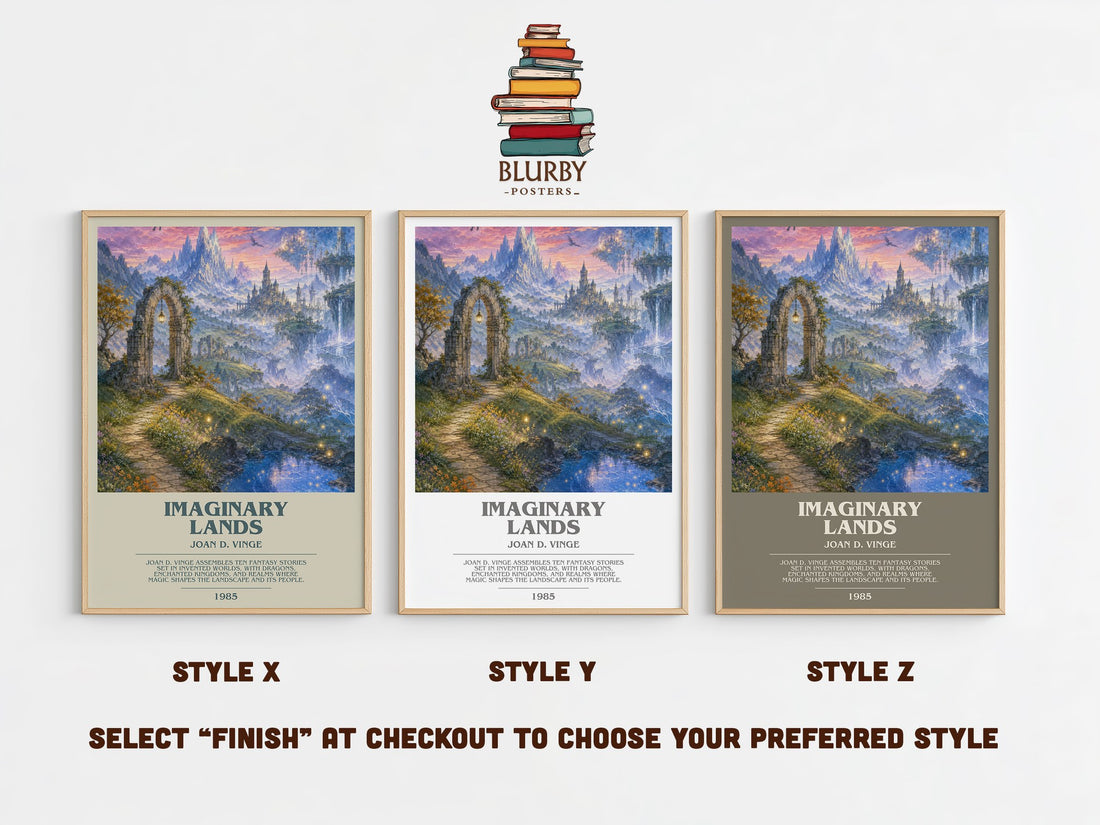 Imaginary Lands bookish print in frame leaning in hallway – fantasy wall art (mockup)