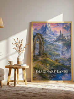 Imaginary Lands watercolour print in frame leaning in hallway – fantasy wall art