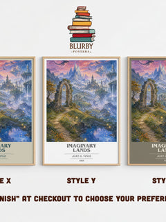 Imaginary Lands book cover print in frame leaning in hallway – fantasy wall art