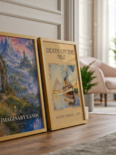 Imaginary Lands watercolour print framed by window – literary home decor