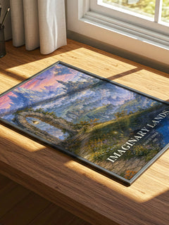 Imaginary Lands watercolour book poster framed on wall – fantasy wall art
