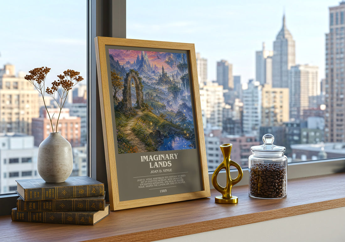 Imaginary Lands bookish print framed by window – literary home decor