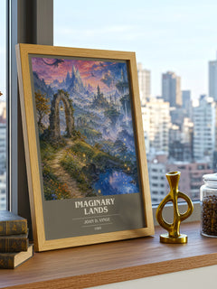 Imaginary Lands book cover print framed by window – literary home decor