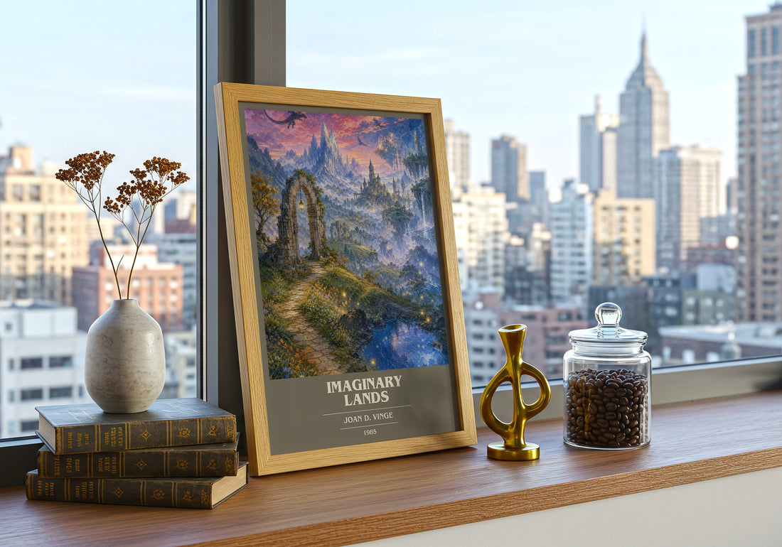 Imaginary Lands book cover print framed by window – literary home decor