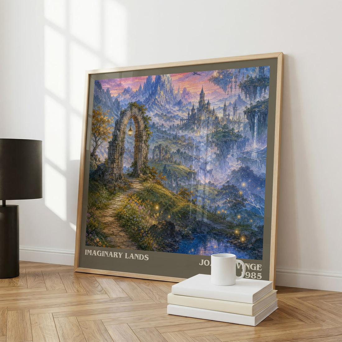 Imaginary Lands literary print framed by window – literary home decor