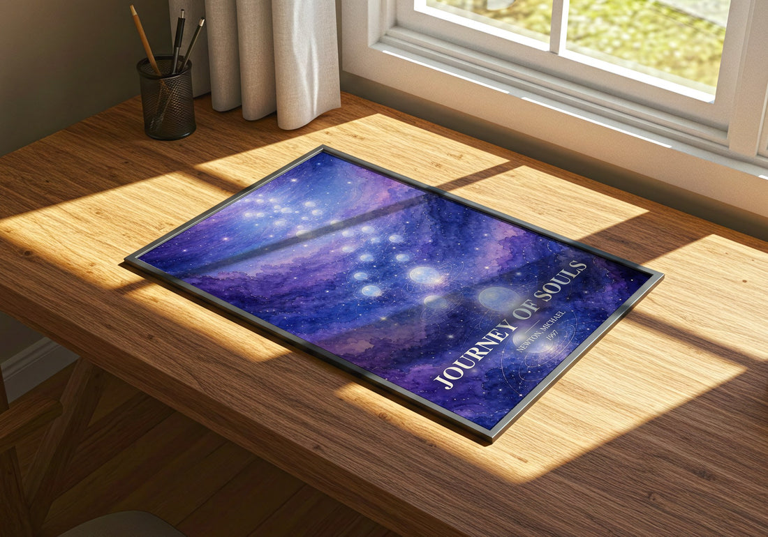 Journey of souls watercolour book poster framed on wall – non fiction wall art