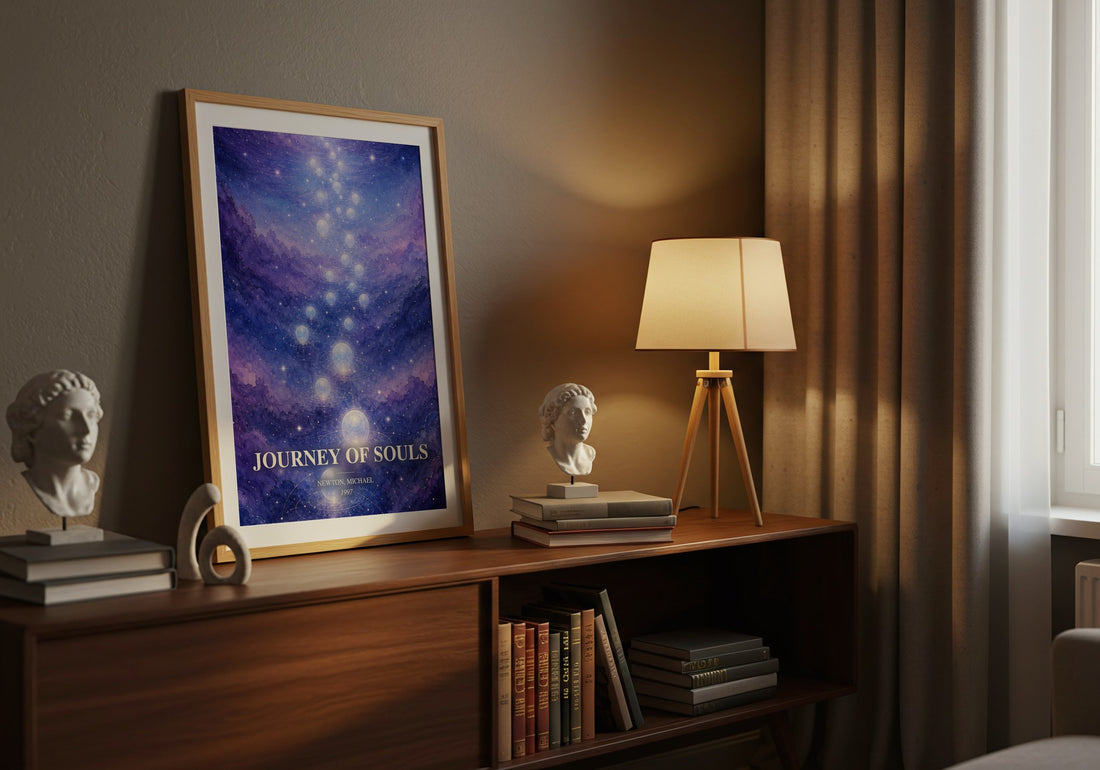 Journey of souls watercolour print on bookshelf – Newton, Michael fan gift