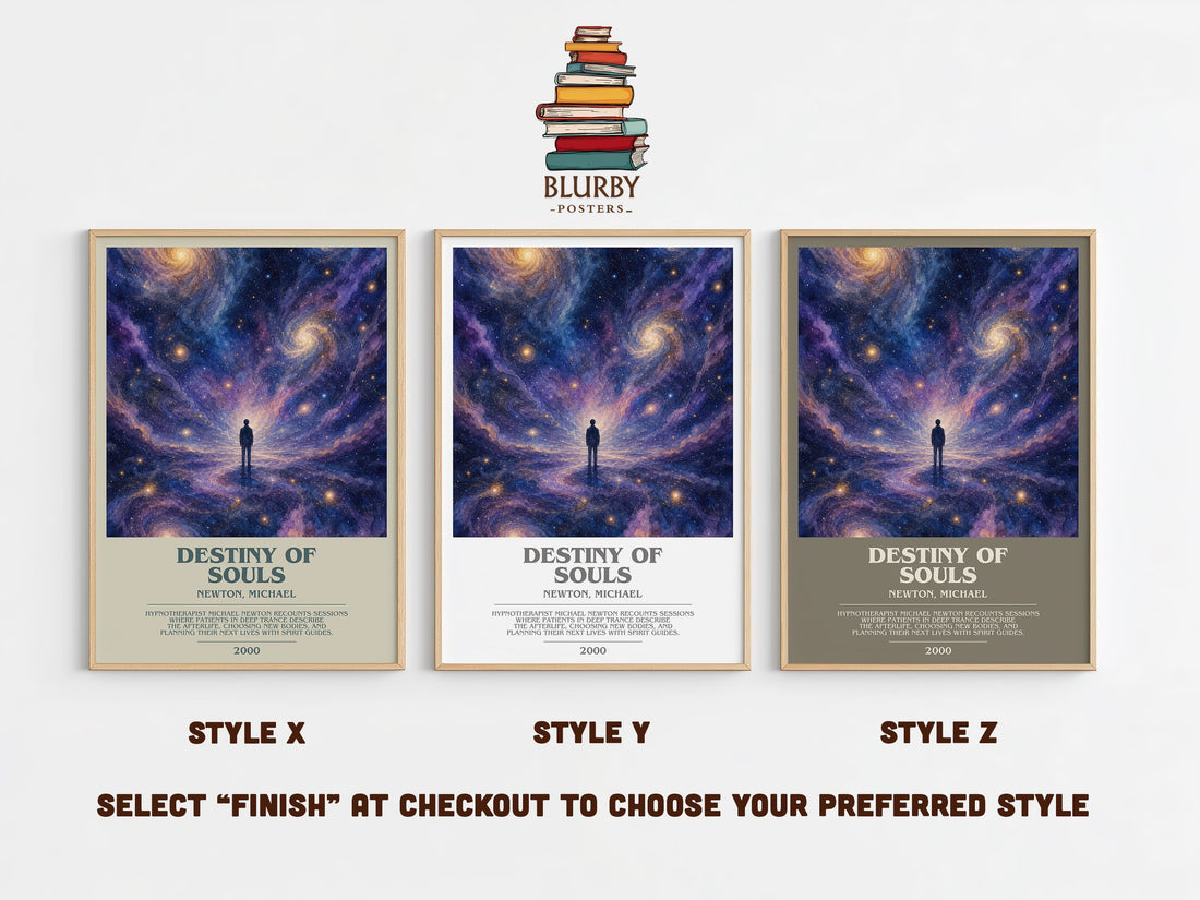 Destiny of souls bookish print in frame leaning in hallway – non fiction wall art (mockup)