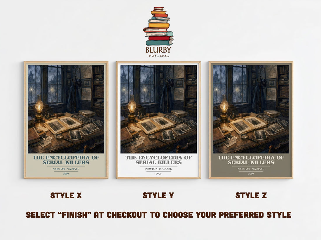 The encyclopedia of serial killers book cover print in frame leaning in hallway – non fiction wall art (mockup)