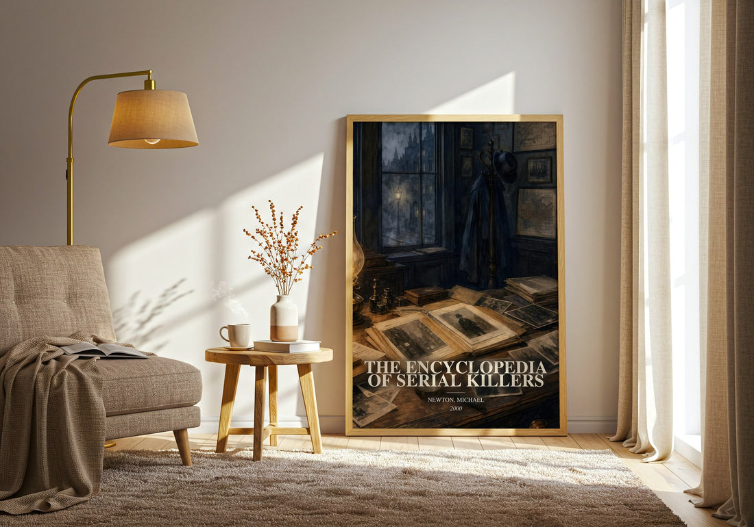 The encyclopedia of serial killers watercolour print in frame leaning in hallway – non fiction wall art