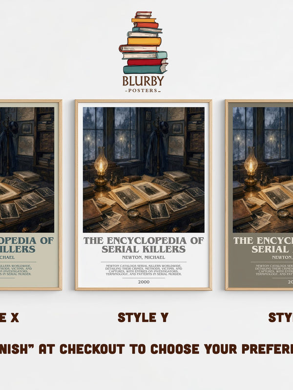 The encyclopedia of serial killers bookish print in frame leaning in hallway – non fiction wall art