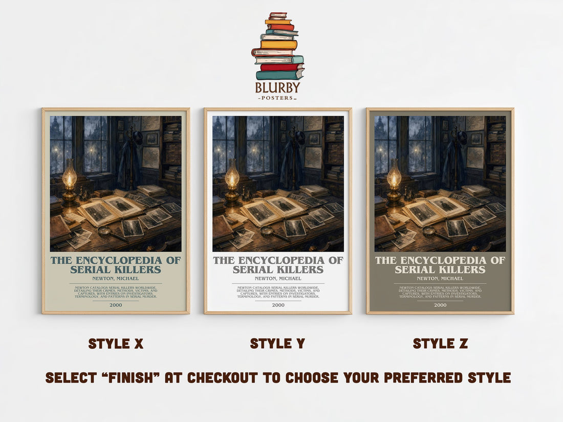 The encyclopedia of serial killers bookish print in frame leaning in hallway – non fiction wall art (mockup)