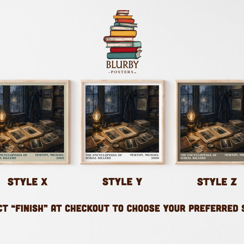 The encyclopedia of serial killers literary print in frame leaning in hallway – non fiction wall art