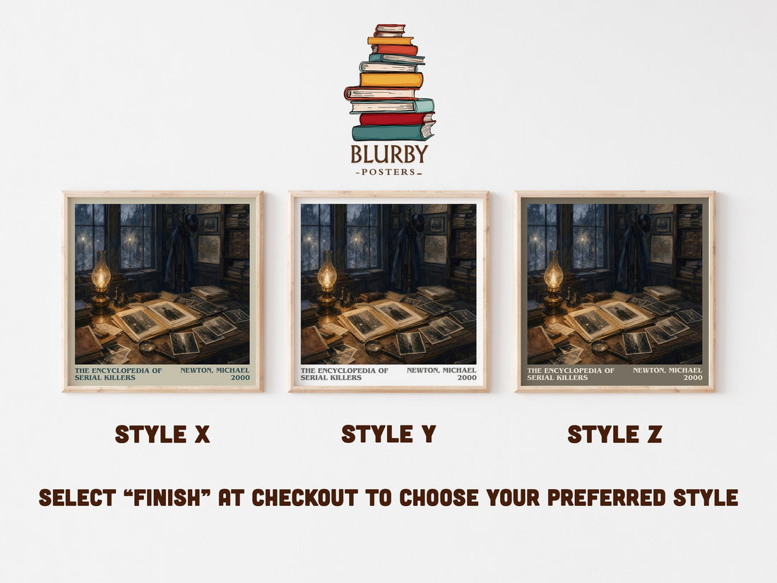 The encyclopedia of serial killers literary print in frame leaning in hallway – non fiction wall art (mockup)