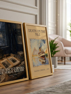 The encyclopedia of serial killers watercolour print framed by window – literary home decor