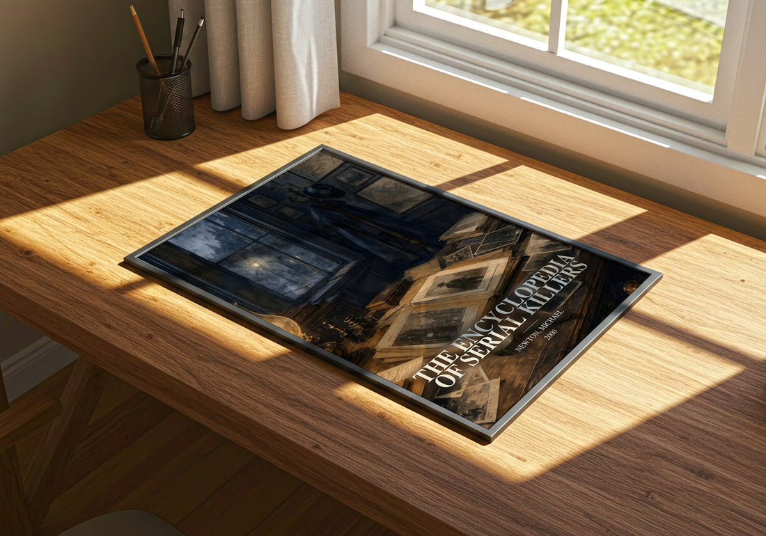 The encyclopedia of serial killers watercolour book poster framed on wall – non fiction wall art