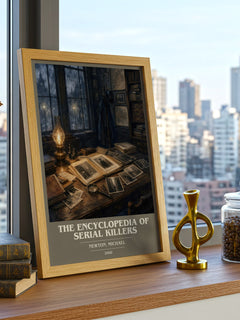The encyclopedia of serial killers book cover print framed by window – literary home decor