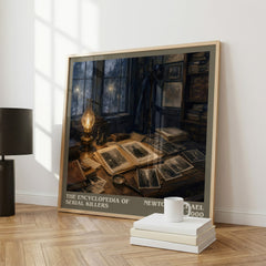 The encyclopedia of serial killers literary print framed by window – literary home decor