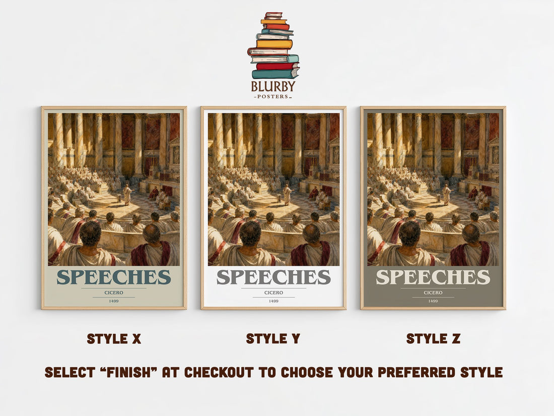 Speeches book cover print in frame leaning in hallway – philosophy wall art (mockup)