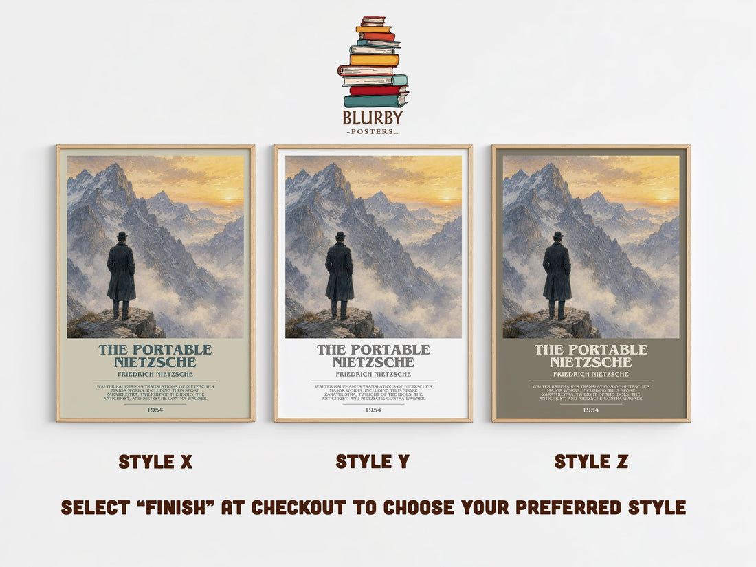 The portable Nietzsche bookish print in frame leaning in hallway – philosophy wall art (mockup)