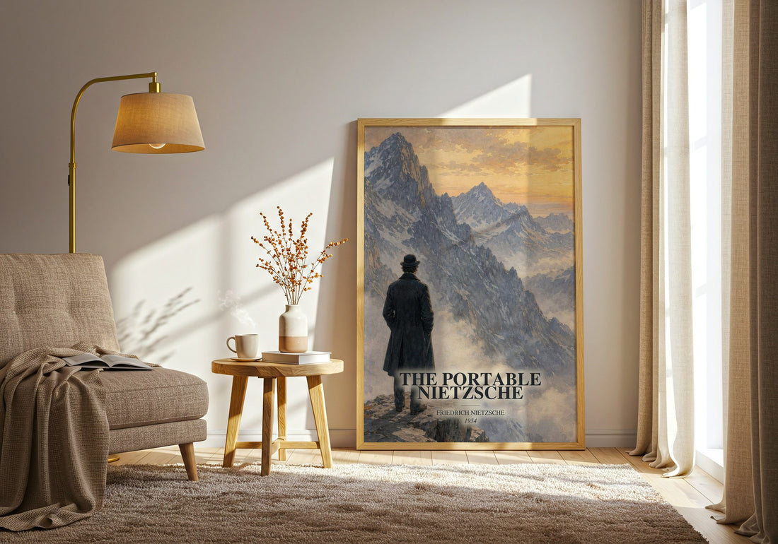 The portable Nietzsche watercolour print in frame leaning in hallway – philosophy wall art