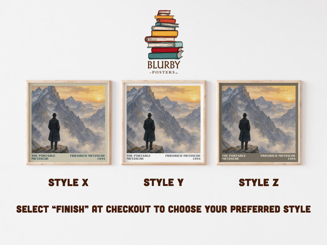 The portable Nietzsche literary print in frame leaning in hallway – philosophy wall art (mockup)