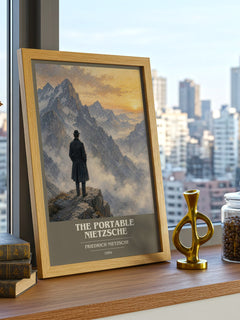 The portable Nietzsche book cover print framed by window – literary home decor