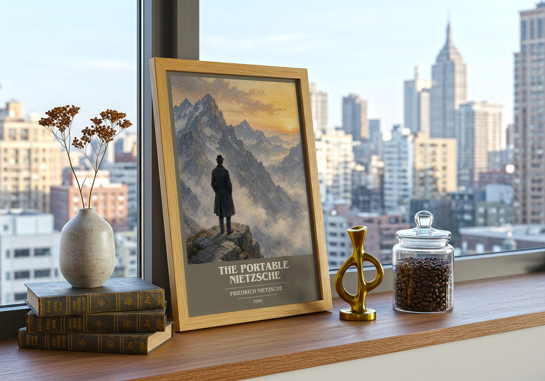 The portable Nietzsche book cover print framed by window – literary home decor