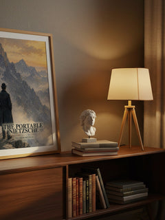 The portable Nietzsche watercolour print on bookshelf – Friedrich Nietzsche fan gift