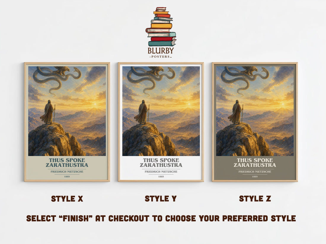 Thus Spoke Zarathustra book cover print in frame leaning in hallway – philosophy wall art (mockup)
