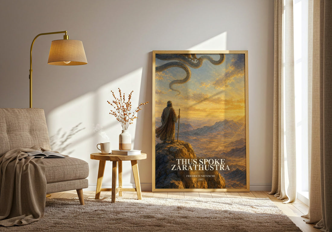 Thus Spoke Zarathustra watercolour print in frame leaning in hallway – philosophy wall art