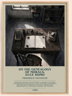 On the genealogy of morals.  Ecce Homo bookish book poster by Friedrich Nietzsche – framed literary art print