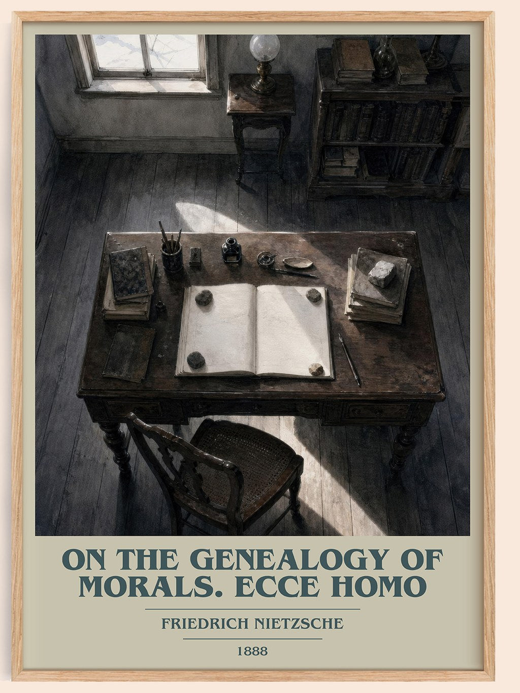 On the genealogy of morals.  Ecce Homo book cover book poster by Friedrich Nietzsche – framed literary art print