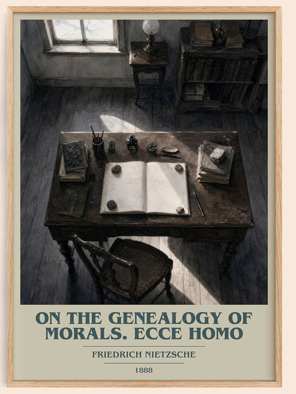 On the genealogy of morals.  Ecce Homo book cover book poster by Friedrich Nietzsche – framed literary art print