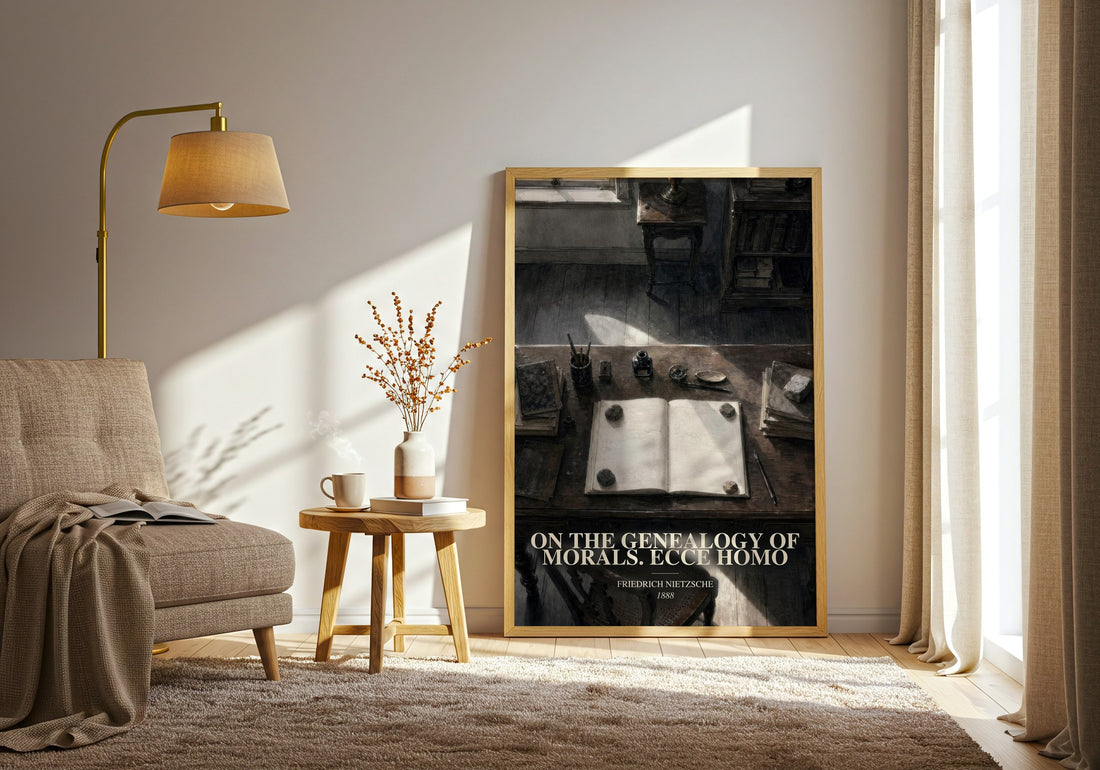 On the genealogy of morals.  Ecce Homo watercolour print in frame leaning in hallway – philosophy wall art